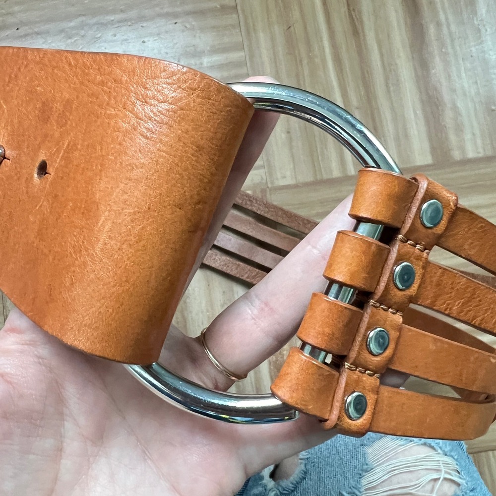 Vintage Banana Republic Cage Belt Large Brown Leather O-Ring Boho Y2K Wide Thick - Picture 9 of 9